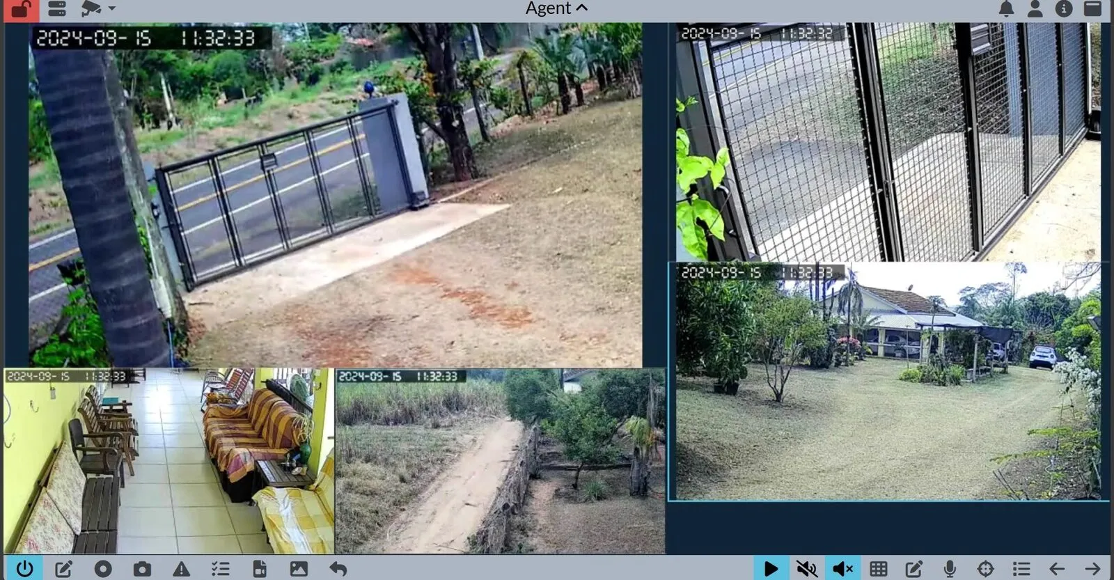 Interface do Agent DVR com feeds de câmeras em uma grade de 5 câmeras Imagem